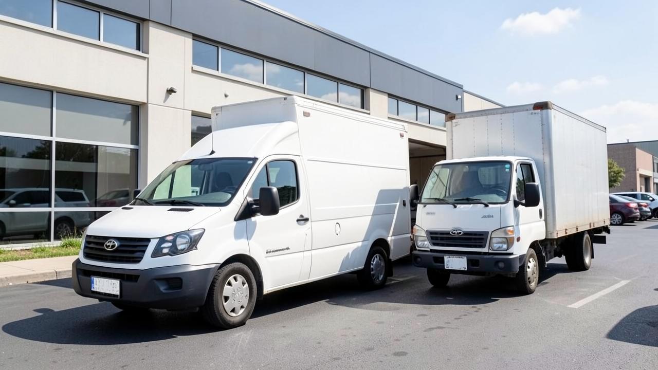 White cargo van and small box truck outside a commercial building