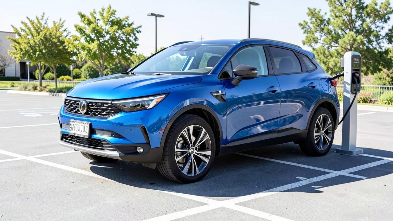 Blue electric SUV plugged into a charging station
