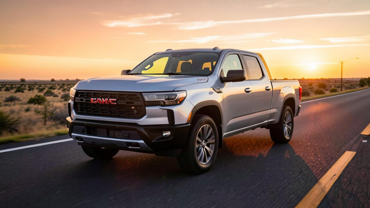 Silver electric pickup truck on an open road at sunset