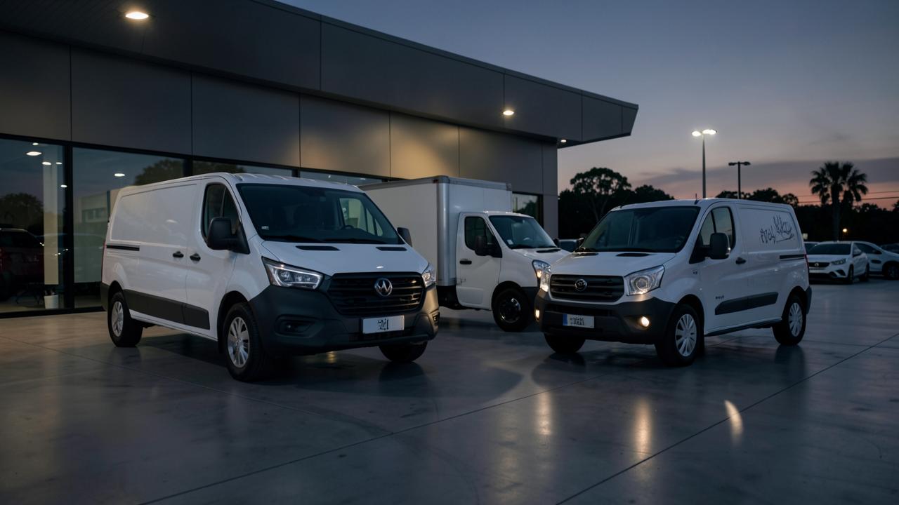 Car, cargo van and small box truck on a dealership forecourt