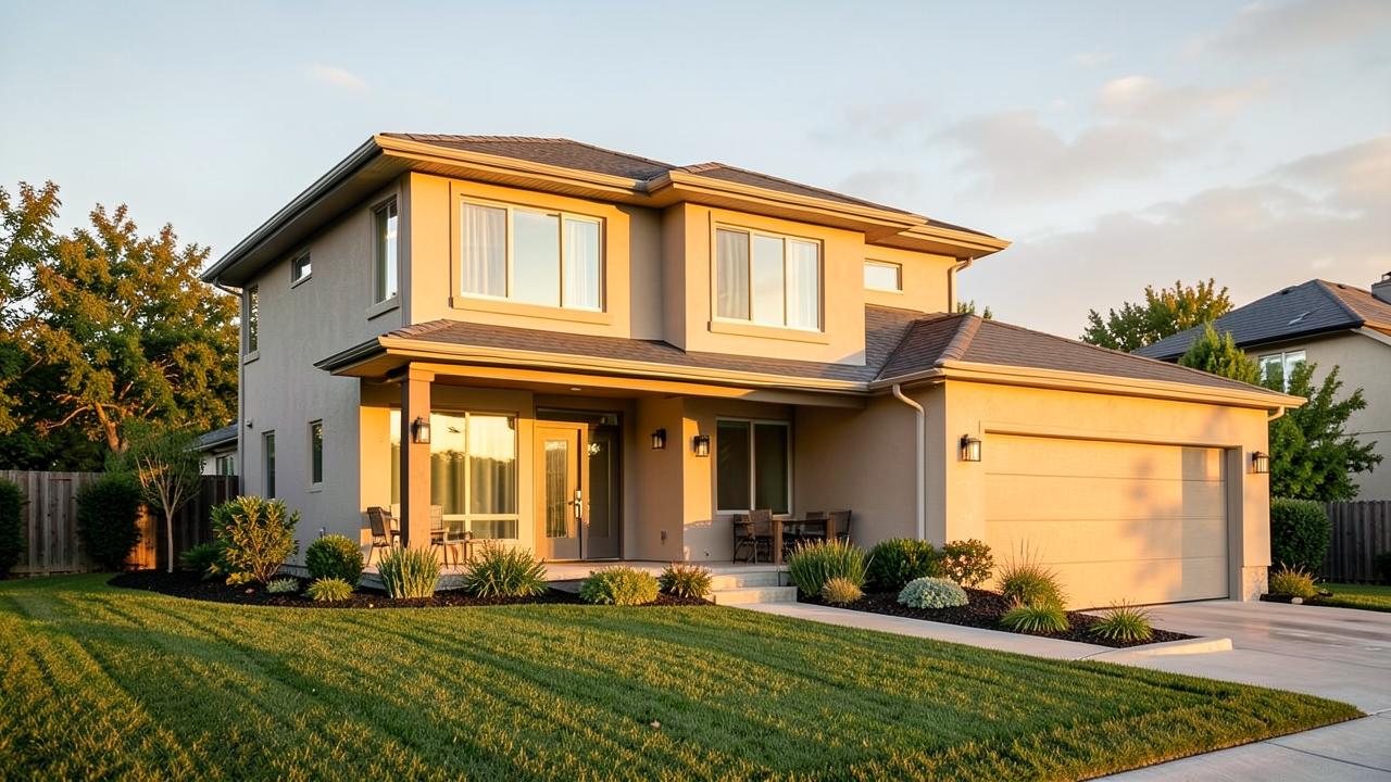 Modern two-story American suburban family home at golden hour