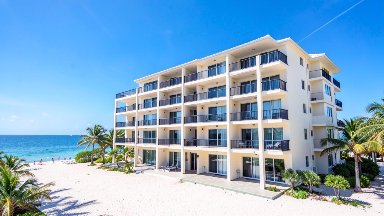 Beachfront condominium building with balconies overlooking the ocean
