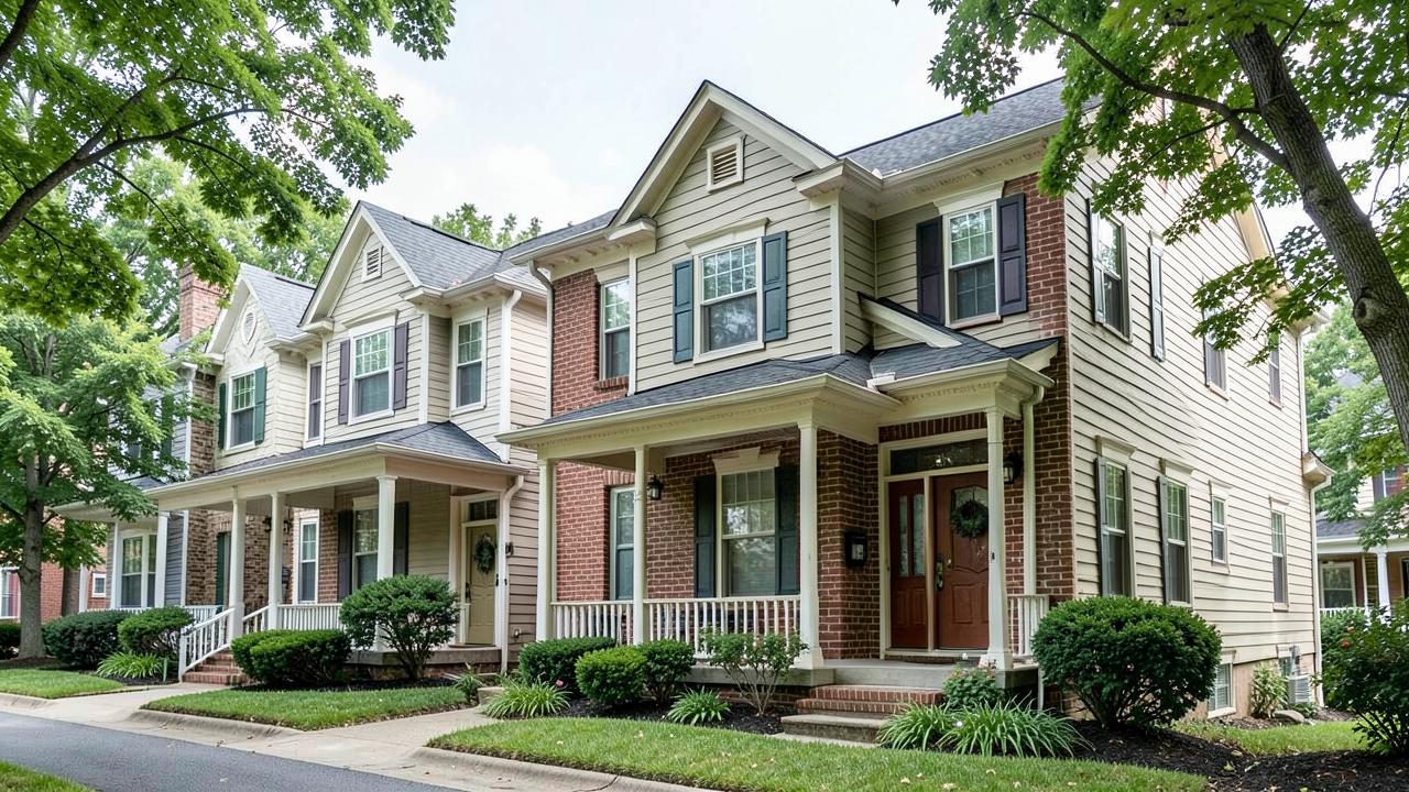 Craftsman-style townhouses in a leafy American neighborhood