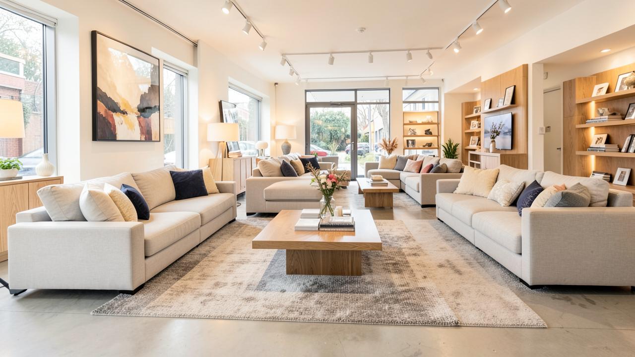 Bright furniture showroom with sofas and living room sets