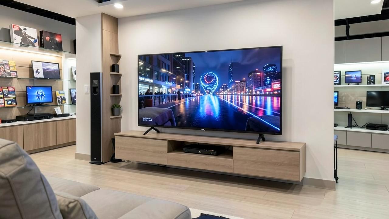 Large flat screen television and entertainment setup in a modern living room