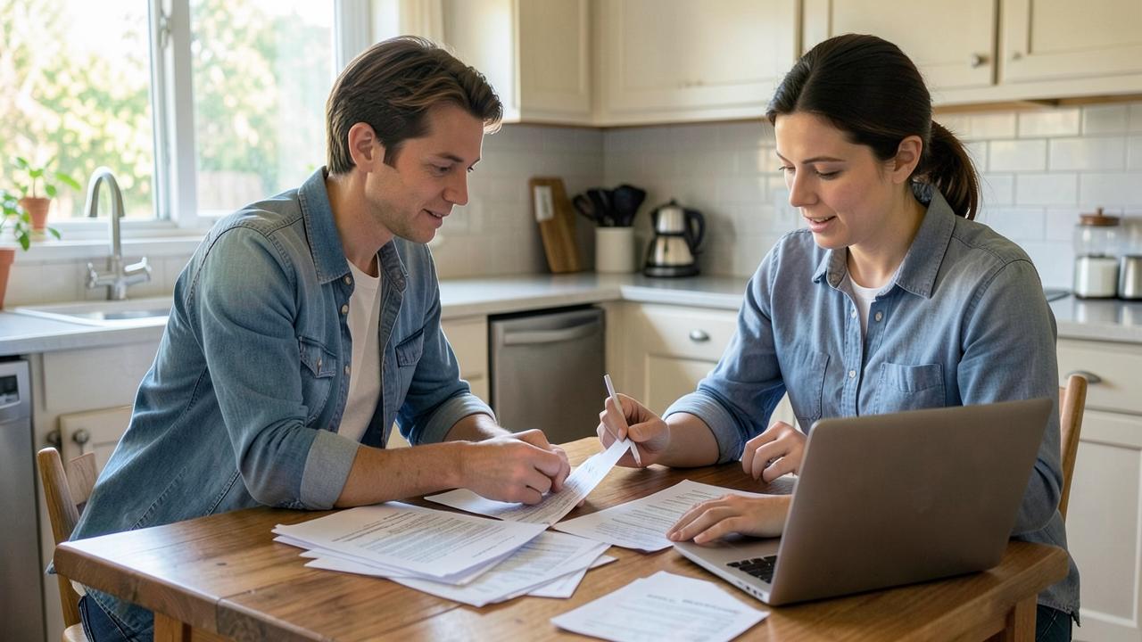 Couple reviewing household bills and a laptop at a kitchen table