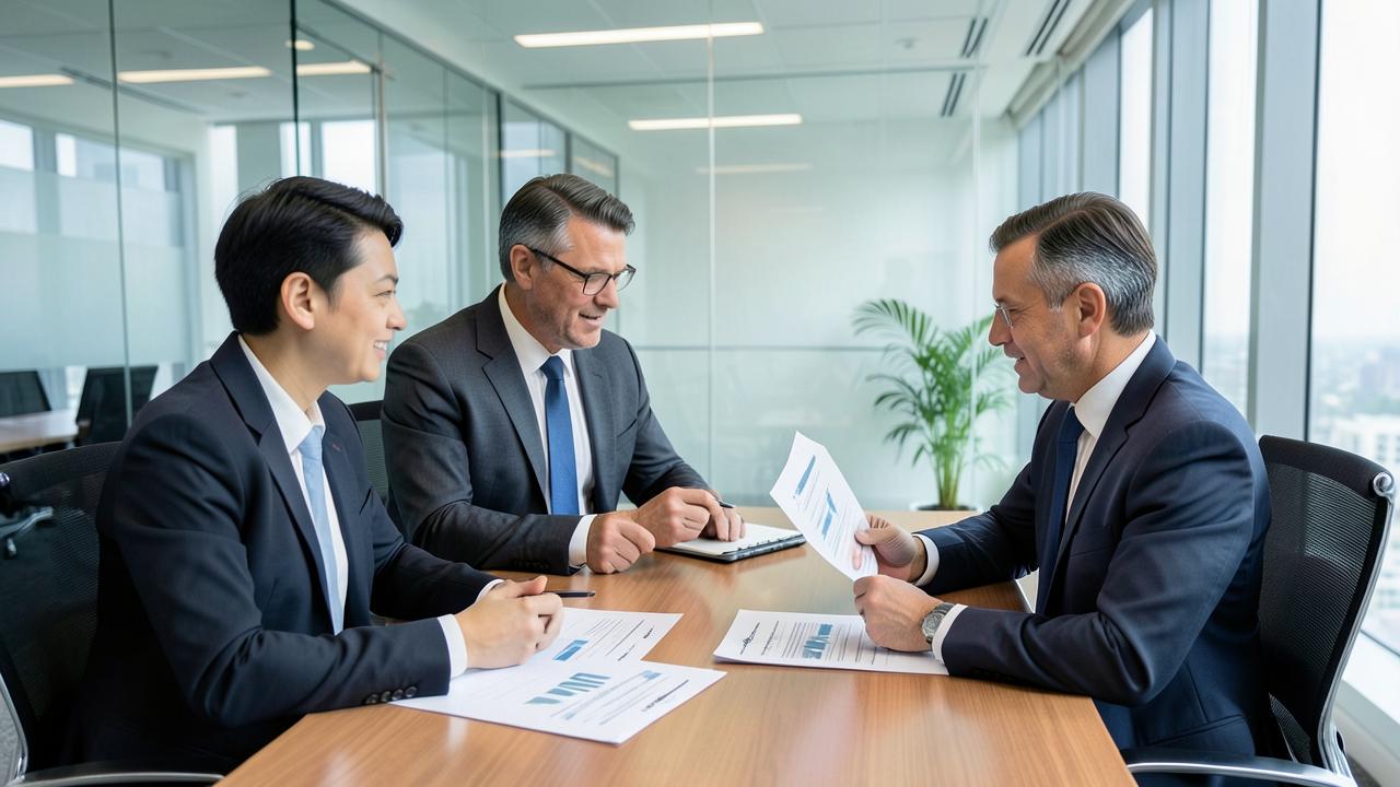 Bankers reviewing lending performance reports in a meeting room