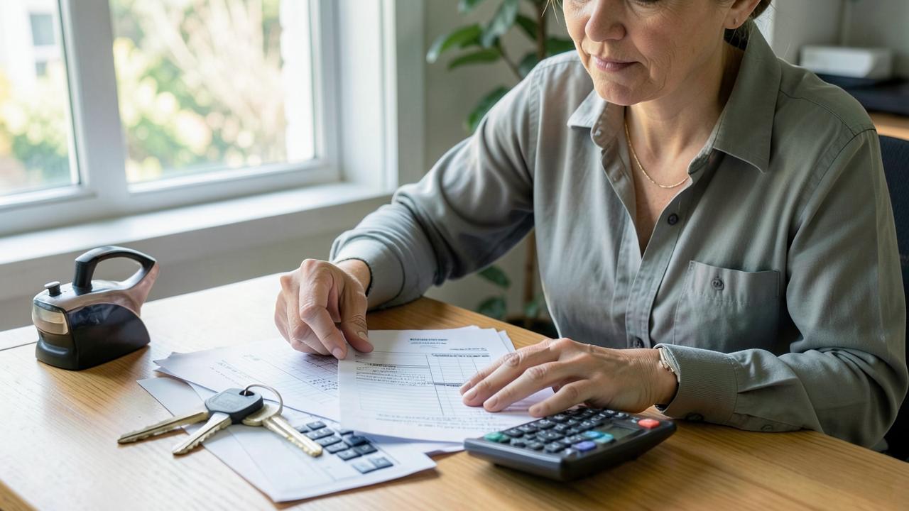 Borrower comparing loan rate paperwork with a calculator and car keys