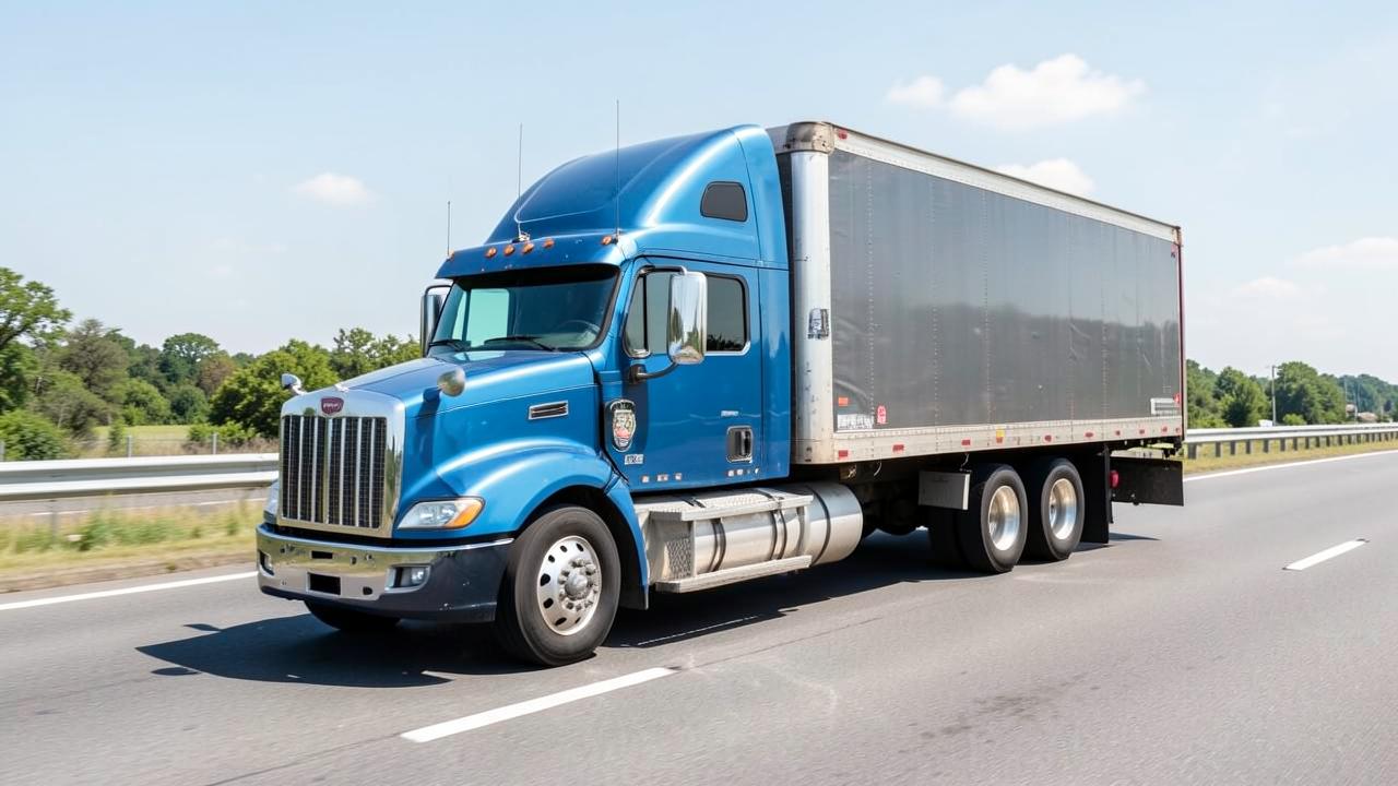 Blue American semi truck with dry van trailer on a highway