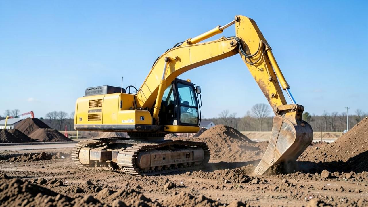 Yellow hydraulic excavator moving earth on a construction site