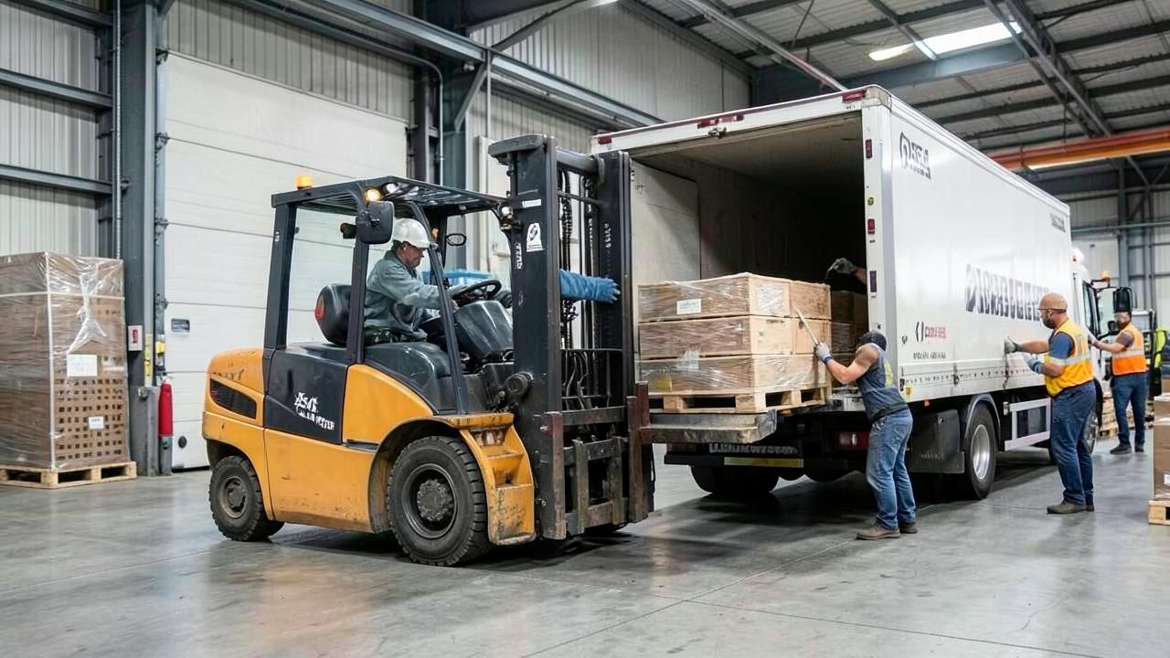 Forklift loading pallets into a truck at a warehouse dock