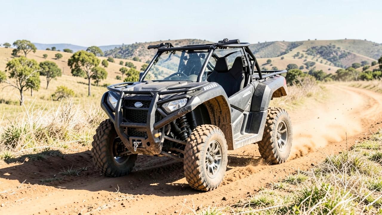 Off-road ATV side-by-side quad riding a dirt trail through open countryside
