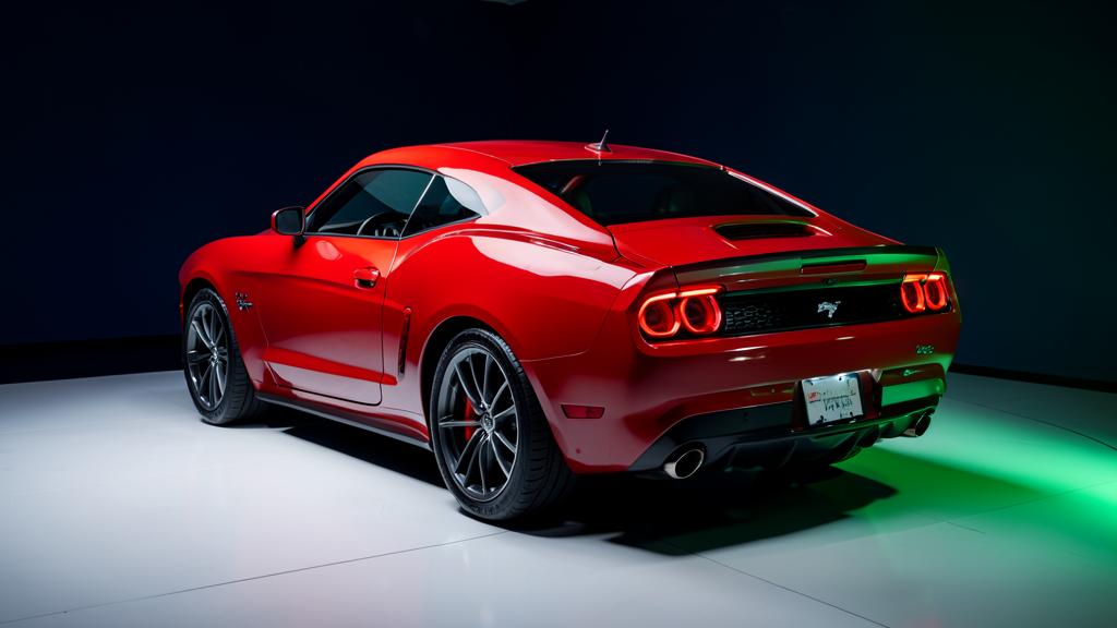 Modern red American muscle car photographed in a studio