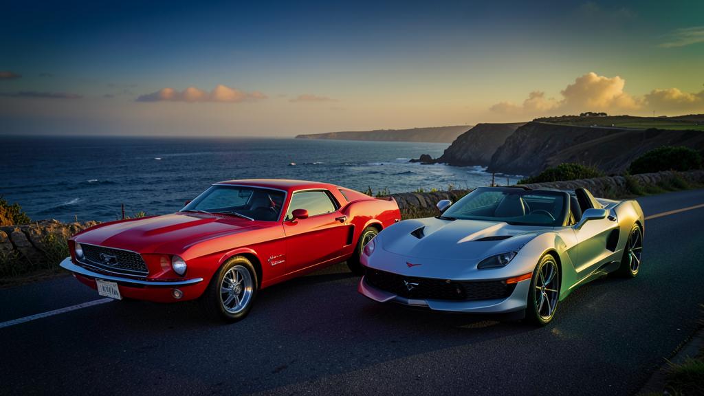 Classic Ford Mustang and Chevrolet Corvette parked together on a coastal road