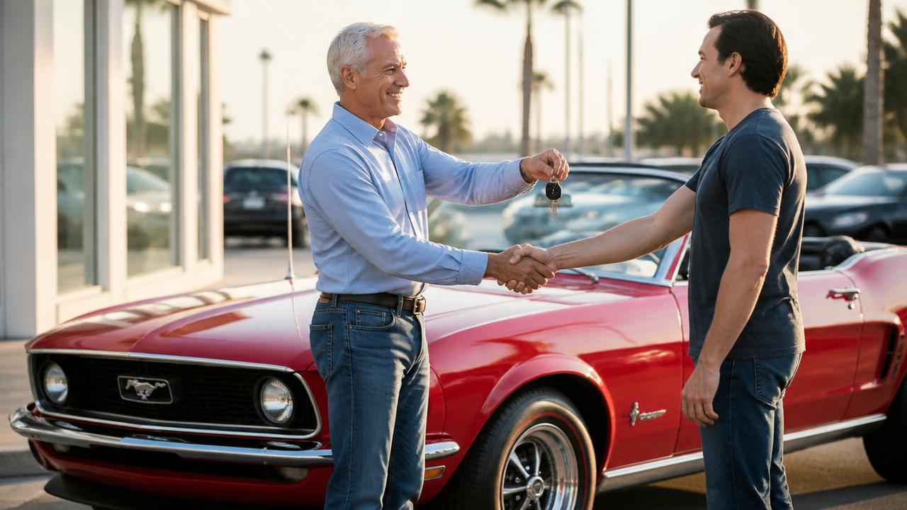Red 1970 convertible Ford Mustang with a dealer handing car keys to a buyer as they shake hands