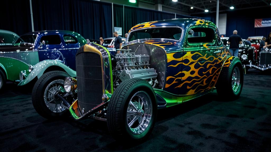 Custom flame-painted hot rod on display at a classic car show