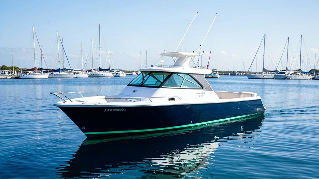 Sport fishing boat moored on calm water at a marina