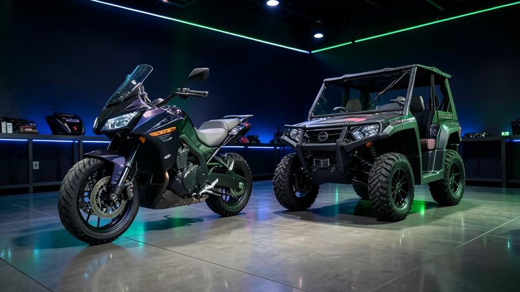 Cruiser motorcycle and side-by-side UTV displayed in a powersports dealership showroom