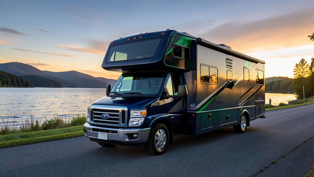 Modern Class A motorhome RV parked at a lakeside campground