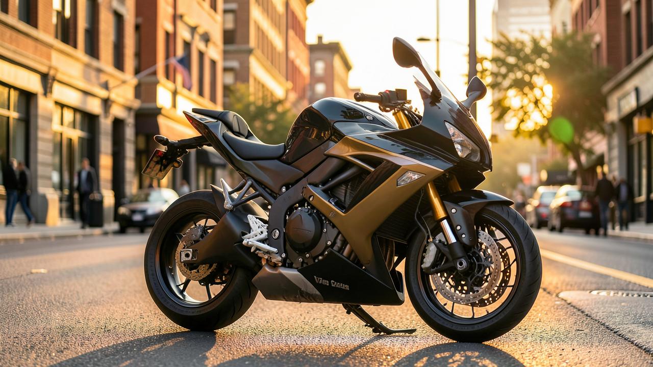 Black and gold sport street motorcycle parked on a city street at golden hour