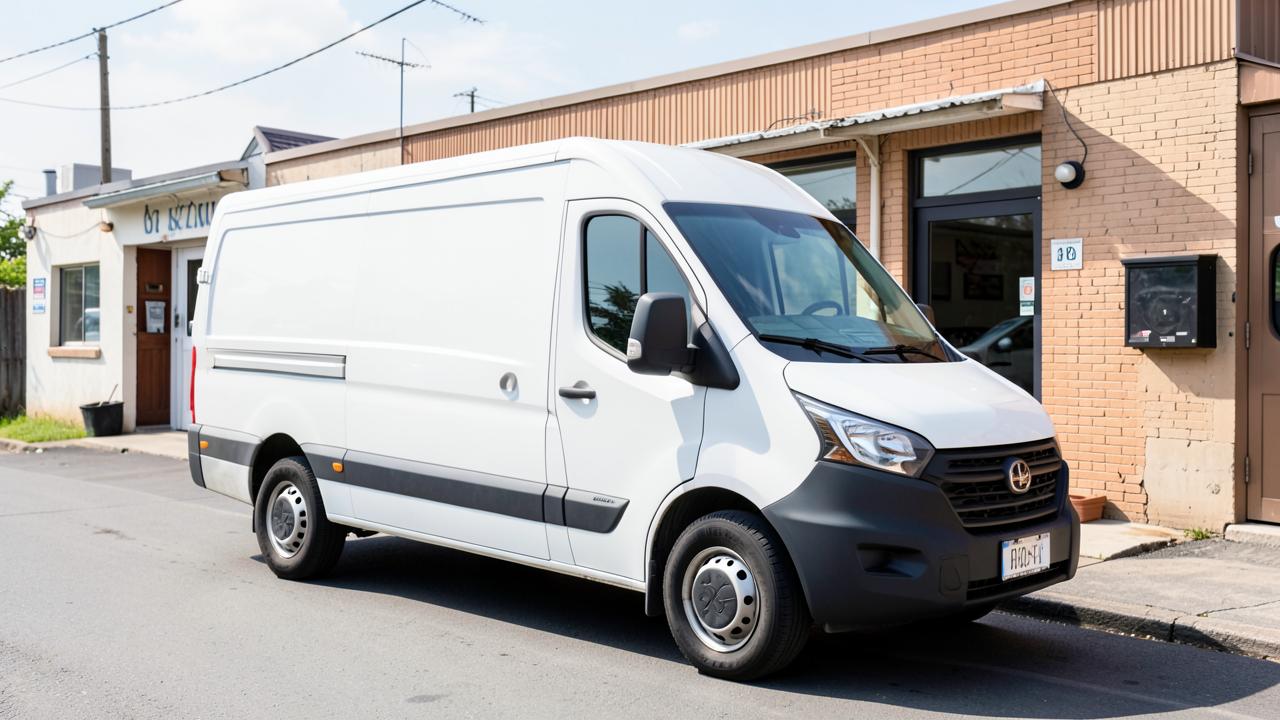 White commercial cargo van parked outside a small business warehouse